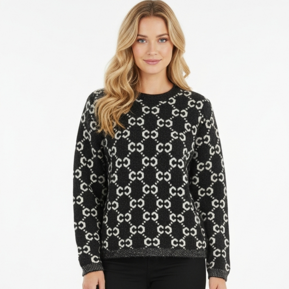 TRÏBE Black & White Print Long Sleeve Crew Neck Sweater Size Large NWT